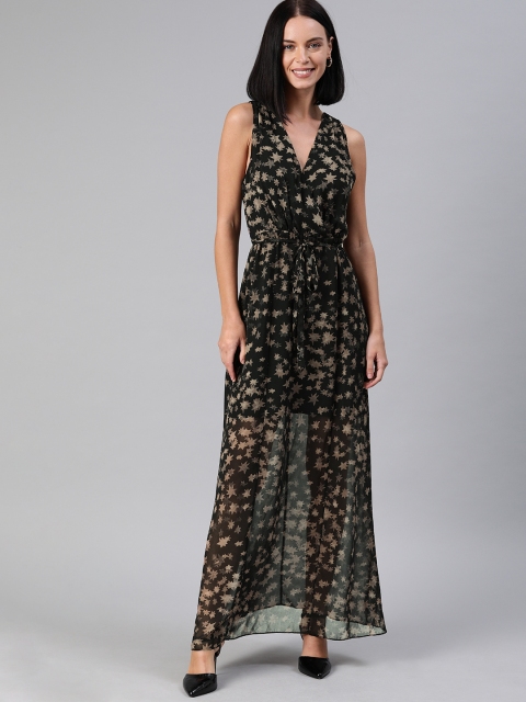 

BCBGeneration Women Black & Beige Printed Wrap Maxi Dress with Waist Tie-Up Detail