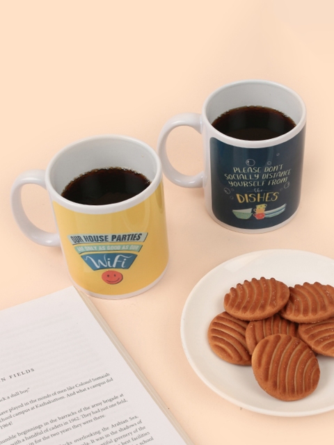 

Chumbak Navy Blue & Yellow 2-Pieces Printed Ceramic Mugs Set, White