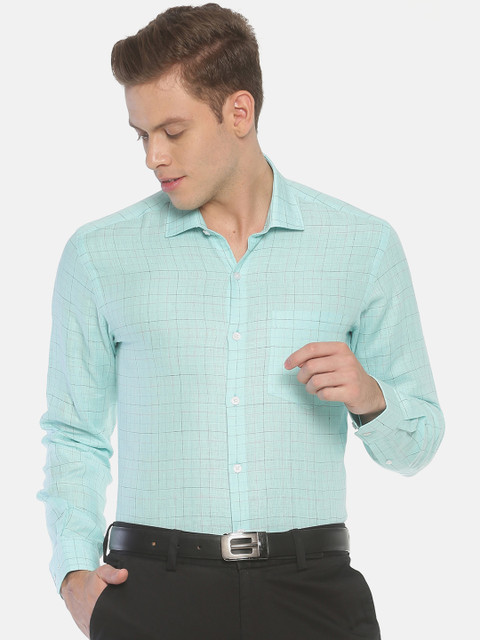 

Linen Club Men Turquoise Blue Regular Fit Checked Formal Linen Shirt