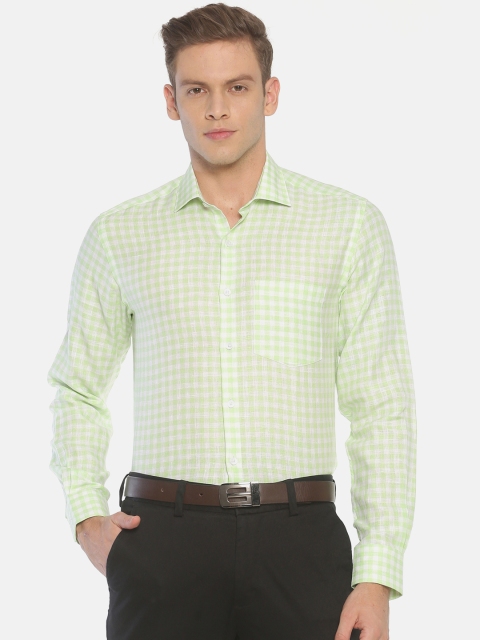 

Linen Club Men Lime Green and White Slim Fit Checked Formal Linen Shirt