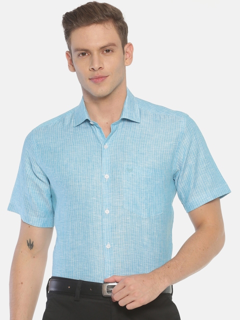 

Linen Club Men Turquoise Blue & White Regular Fit Striped Linen Formal Shirt