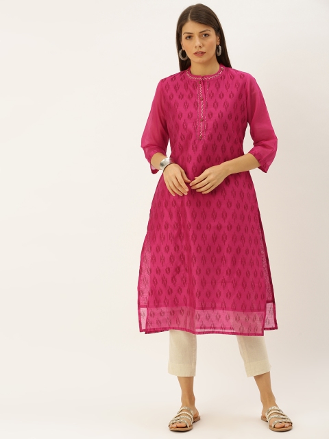 

Soch Women Magenta Pink Printed Straight Kurta with Thread Work