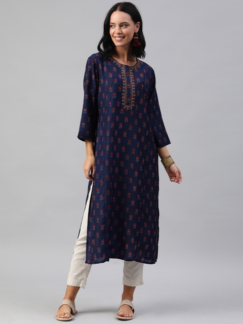 

Soch Women Navy Blue & Red Printed Straight Kurta with Thread Work