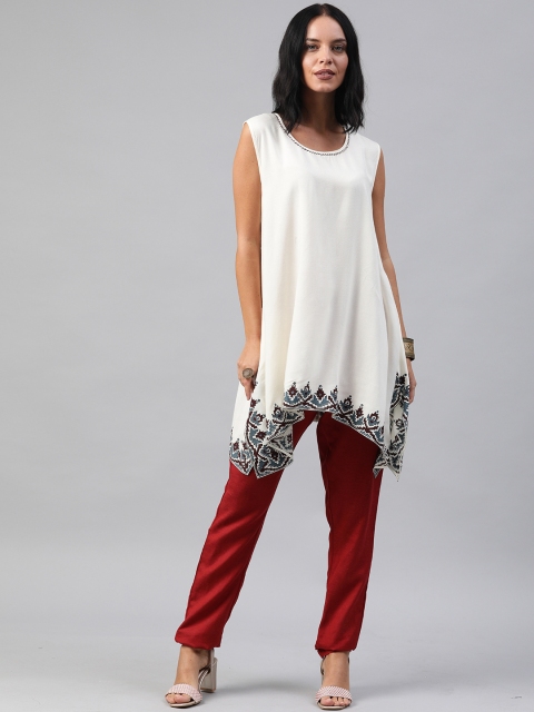 

Soch Women Off White Solid Tunic With Ethnic Print Detailing