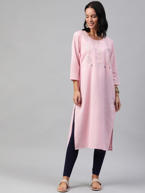 

Soch Women Pink Yoke Design Mirror Work Straight Kurta with