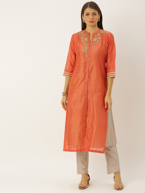 

Soch Women Orange & Grey Embroidered Layered Kurta with Trousers