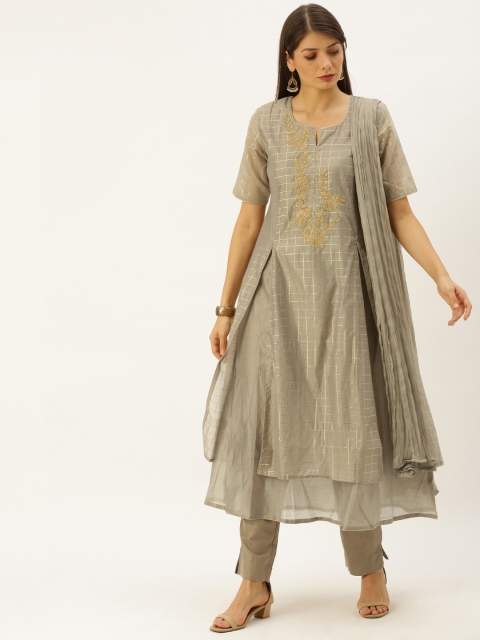 

Soch Women Grey Foil Checked Kurta with Trousers & Dupatta