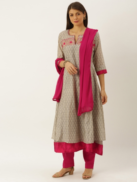 

Soch Women Grey & Pink Printed Layered Anarkali Kurta with Trousers & Dupatta