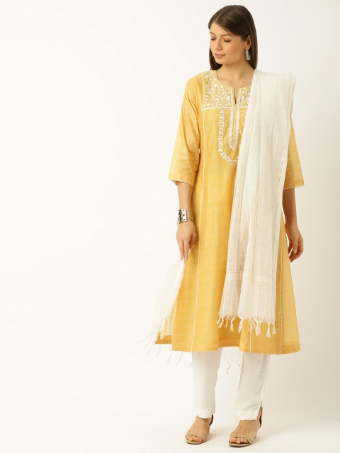 

Soch Women Yellow & White Embroidered Kurta with Trousers & Dupatta