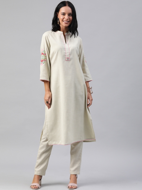 

Soch Women Off-White Solid Embroidered Sleeve Kurta with Trousers