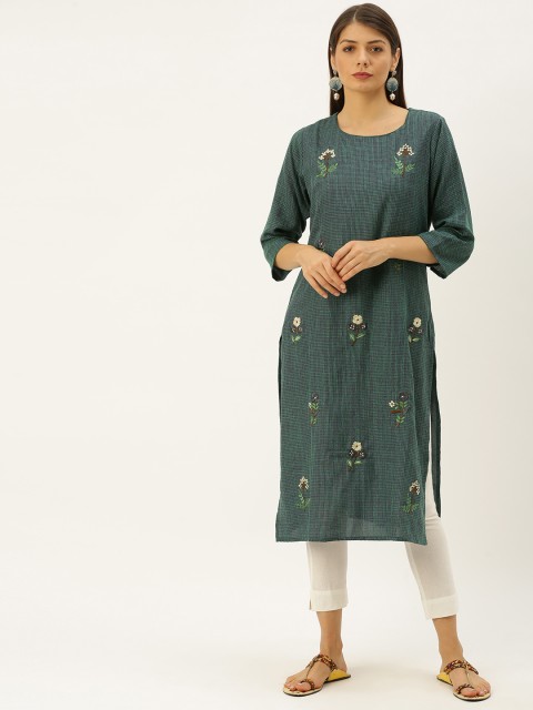 

Soch Women Green & Navy Blue Checked Embroidered Straight Kurta