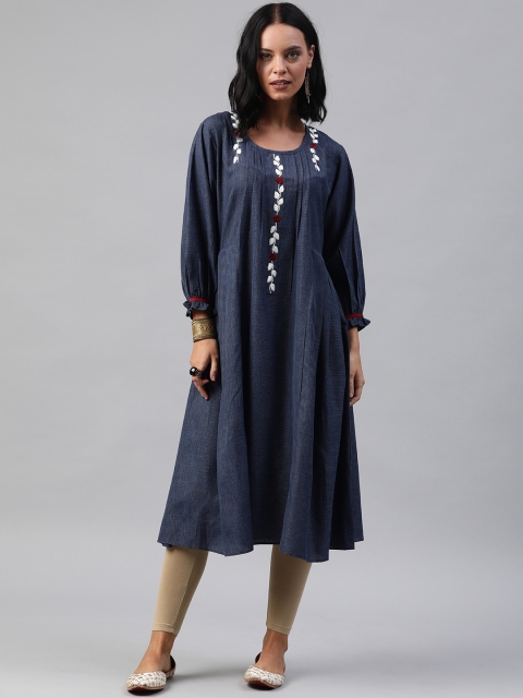 

Soch Women Navy Blue Solid Embroidery Detailed A-Line Kurta