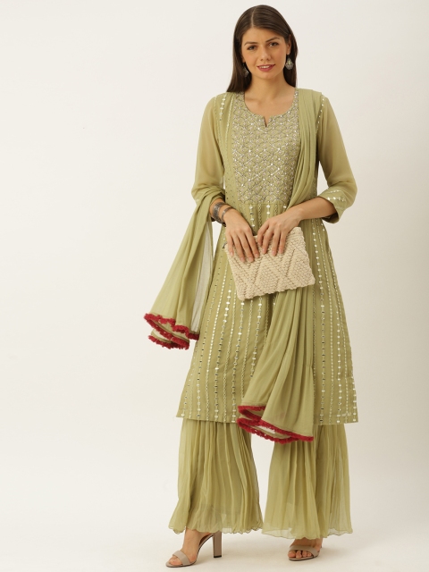 

Soch Women Olive Green Embroidered Kurta with Sharara & Dupatta