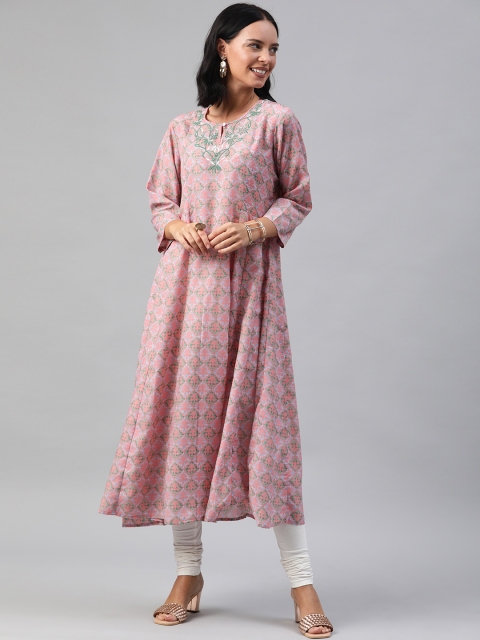 

Soch Women Pink & Sea Green Printed Yoke Embroidered A-Line Kurta
