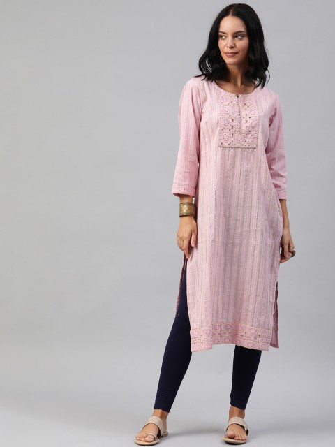 

Soch Women Pink Schiffli Yoke Design Straight Kurta