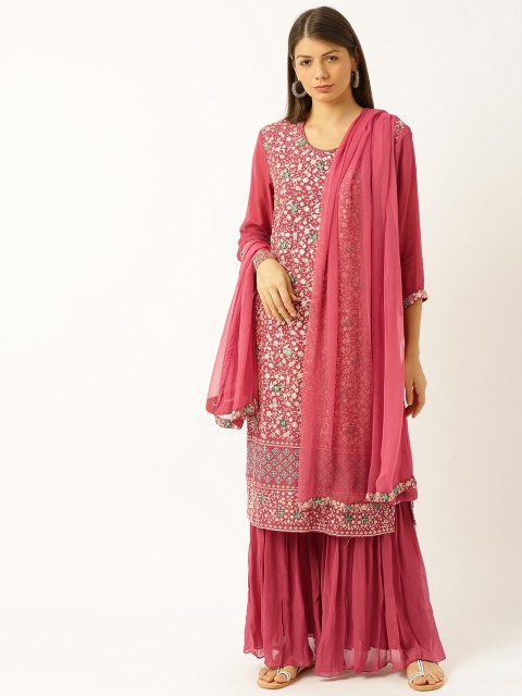 

Soch Women Coral Pink & Off-White Embroidered Kurta with Sharara & Dupatta