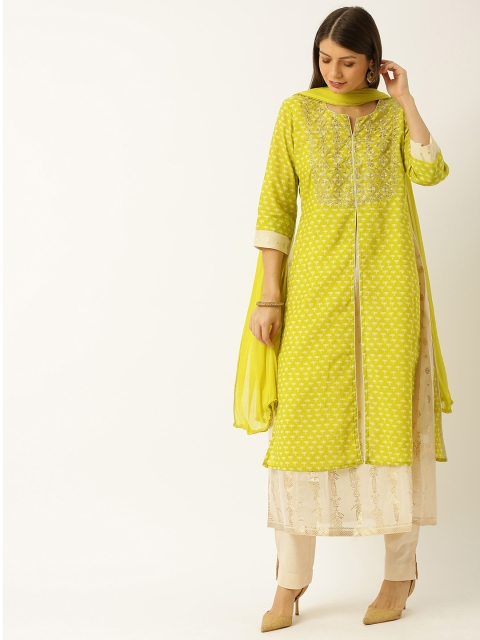 

Soch Women Green & Off-White Embroidered Layered Kurta with Trousers & Dupatta