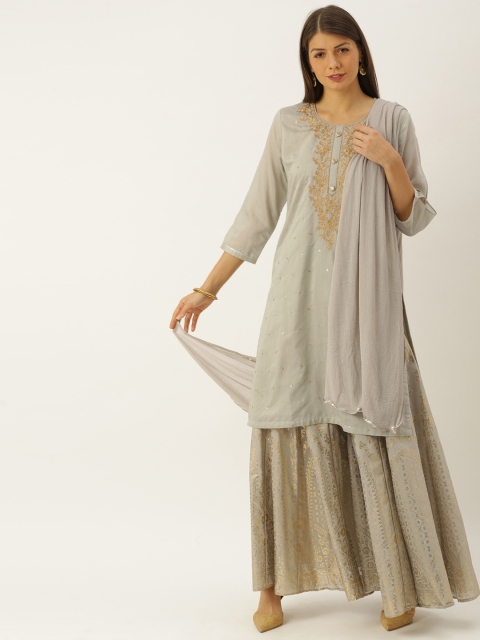 

Soch Women Grey & Gold-Toned Embroidered Kurta with Palazzos & Dupatta