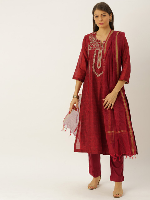 

Soch Women Maroon Printed & Embroidered Kurta with Pyjamas & Dupatta