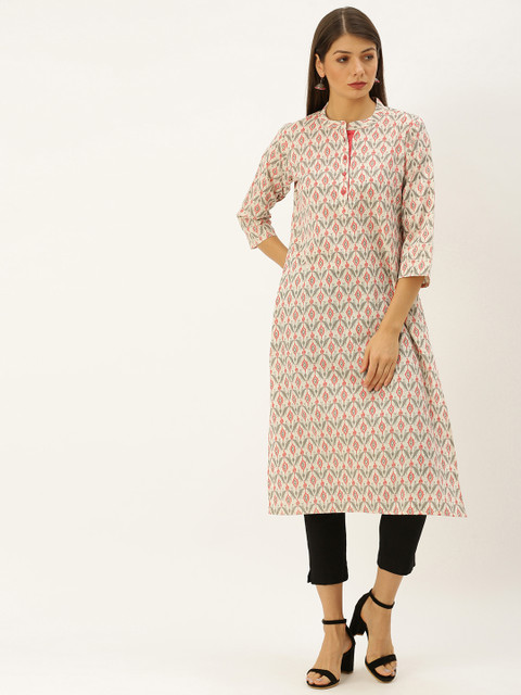 

Soch Women Off-White & Coral Red Printed Straight Kurta
