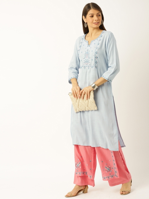 

Soch Women Blue & Pink Embroidered Kurta with Palazzos