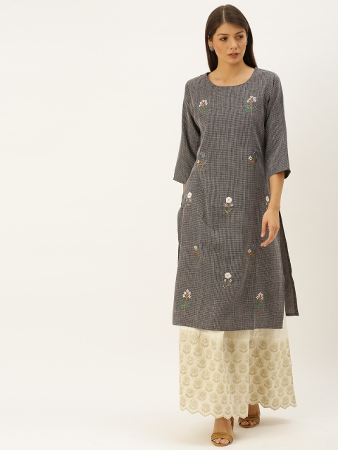 

Soch Women Black & Grey Checked Straight Kurta with Embroidery