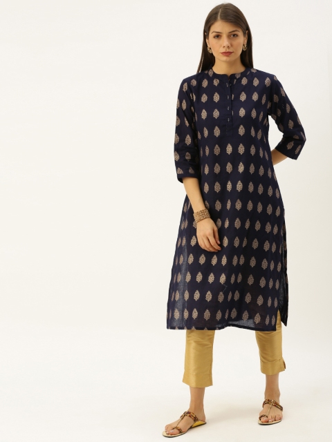 

Soch Women Navy Blue & Gold-Toned Printed Straight Kurta