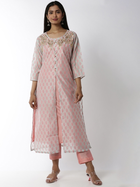 

Soch Women Grey Ethnic Motifs Embroidered Layered Thread Work Kurta with Trousers