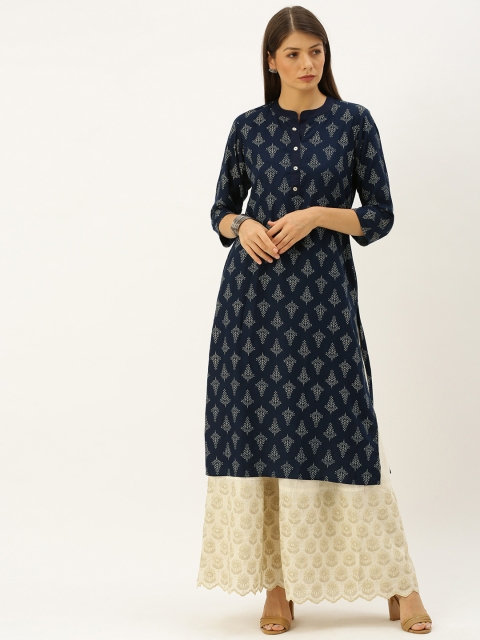 

Soch Women Navy Blue & Beige Printed Straight Kurta