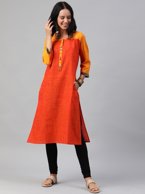 

Soch Women Orange & Mustard Yellow Solid Straight Kurta with Contrast Sleeves