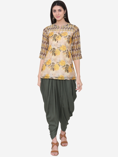 

Laabha Women Cream-Coloured & Green Printed Kurta with Dhoti Pants