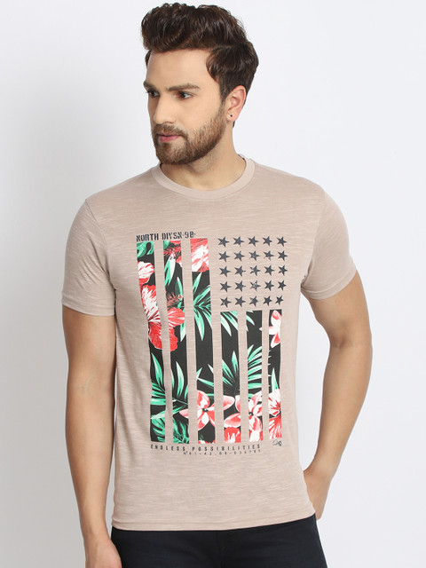 

98 Degree North Men Beige Printed Round Neck T-shirt