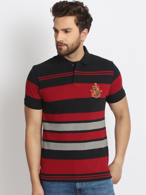 

98 Degree North Men Black Striped Polo Collar T-shirt