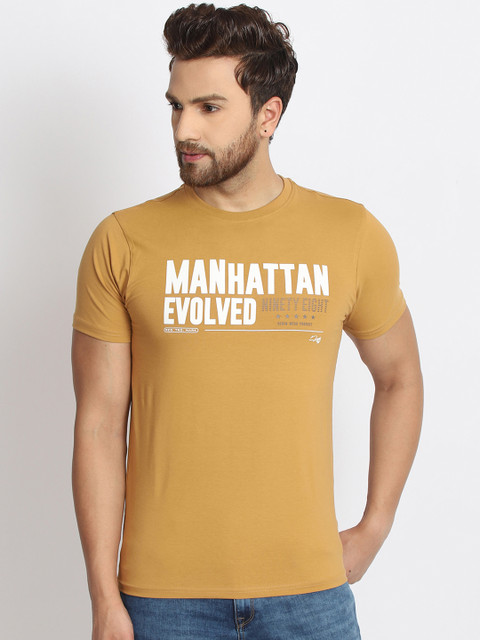 

98 Degree North Men Mustard Yellow Printed Round Neck T-shirt