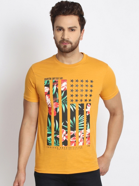 

98 Degree North Men Mustard Yellow Printed Round Neck T-shirt