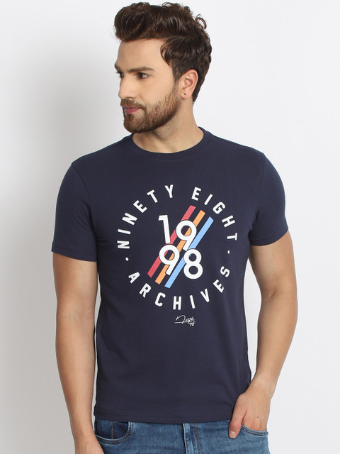 

98 Degree North Men Navy Blue & White Printed Round Neck T-shirt