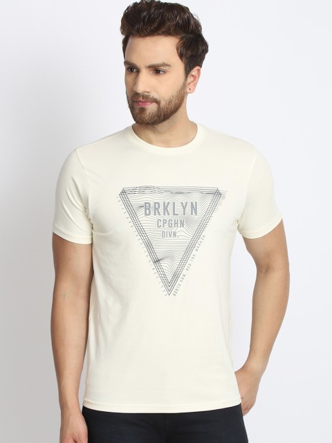 

98 Degree North Men Cream-Coloured Printed Round Neck T-shirt
