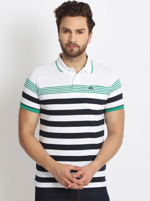 

98 Degree North Men White & Navy Blue Striped Polo Collar T-shirt
