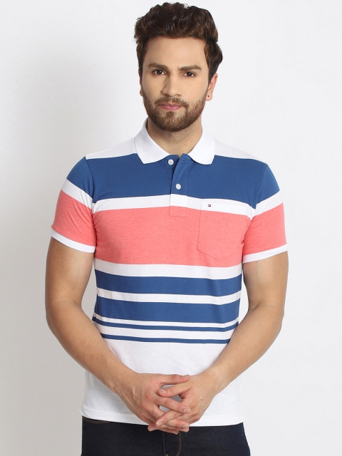 

98 Degree North Men White & Pink Striped Polo Collar T-shirt