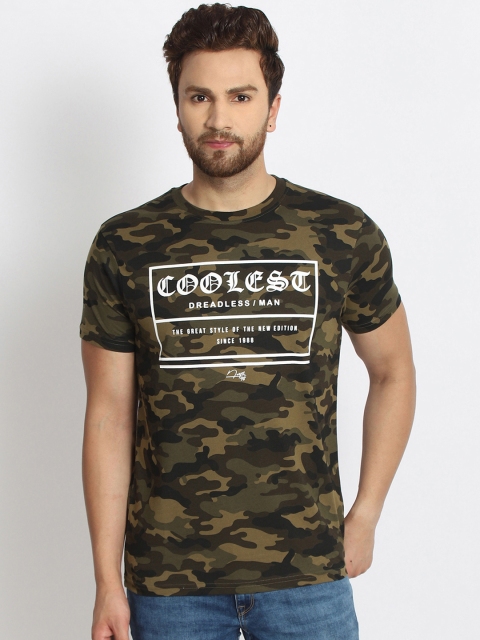 

98 Degree North Men Olive Green Camouflage Printed Round Neck T-shirt