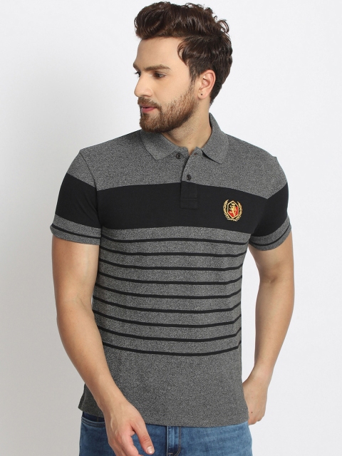 

98 Degree North Men Charcoal Grey Striped Polo Collar T-shirt
