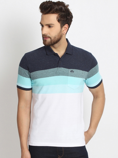 

98 Degree North Men White & Blue Striped Polo Collar T-shirt