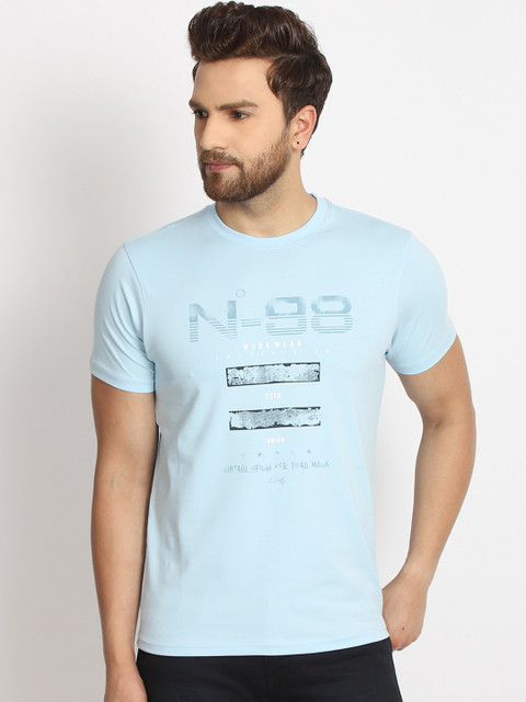

98 Degree North Men Blue Printed Round Neck T-shirt