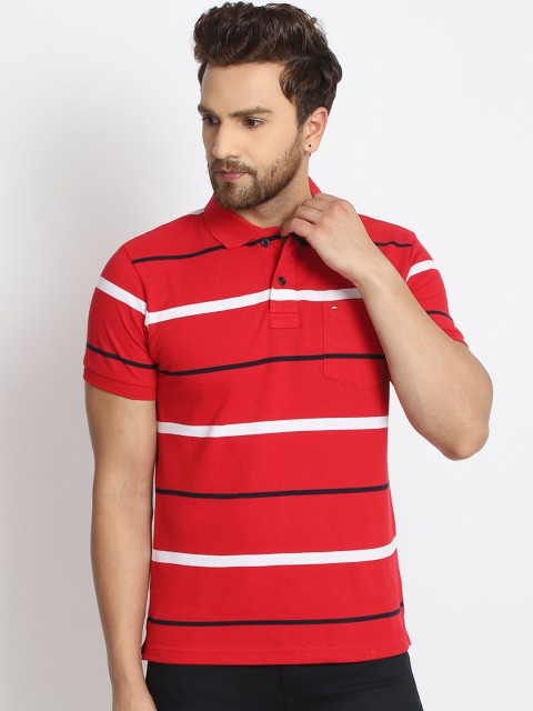 

98 Degree North Men Red & White Striped Polo Collar T-shirt