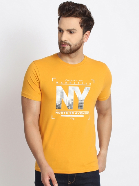 

98 Degree North Men Mustard Yellow Printed Round Neck T-shirt