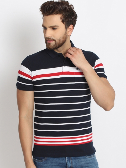 

98 Degree North Men Navy Blue & White Striped Polo Collar T-shirt