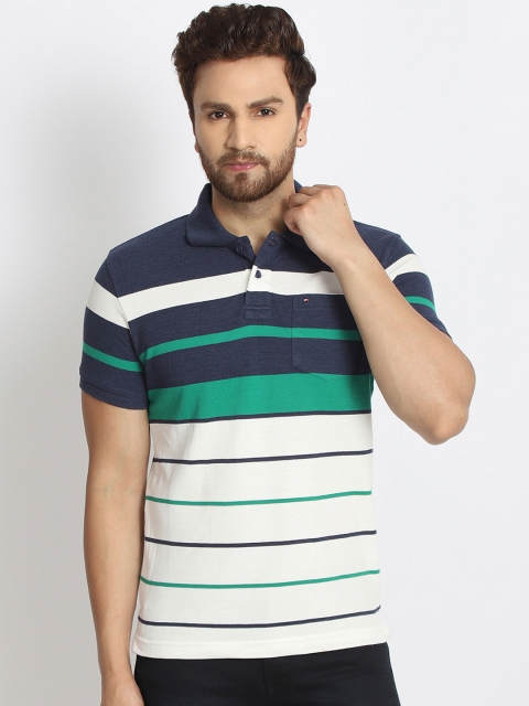 

98 Degree North Men Navy Blue & Green Striped Polo Collar T-shirt