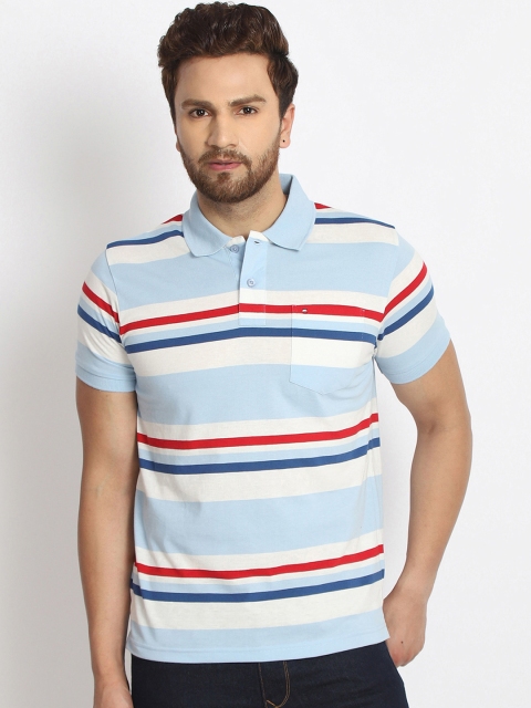 

98 Degree North Men Blue & White Striped Polo Collar T-shirt