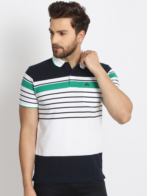 

98 Degree North Men White & Black Striped Polo Collar T-shirt