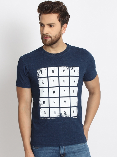 

98 Degree North Men Navy Blue & White Printed Round Neck T-shirt
